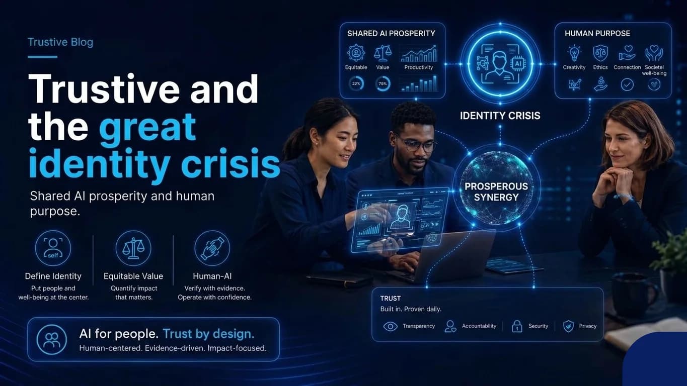 Trustive and the great identity crisis — a team collaborating around AI dashboards, framed by panels for shared AI prosperity, human purpose, identity, and trust.